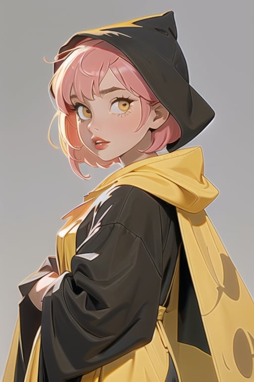1girl, short pink hair,hufflepuff House Cloak, inner cloak yellow, outer cloack black,yellow eyes, looking at viewer, solo, upper body,(masterpiece:1.4),(best quality:1.4),red lips,parted lips