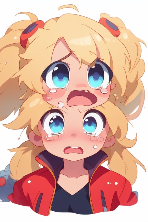 1 girl, blonde hair, (two long pigtails:1.4), chibi,blue eyes,red leather jacket, white t-shirt,(masterpiece:1.4(bestquality:1.4),(crying),(extremely_beautiful_detailed_anime_face_and_eyes:1.4), simple backgound ,white background,Chibi