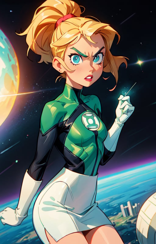 1girl, (short blondie hair:1),(high ponytail:1),blue eyes,uniform_green lantern_DCcomics:1,hal jordan, white bodysuit,((tight green skirt)), white gloves,slim waist, looking at viewer, solo, upper body,(masterpiece:1.4),(best quality:1.4),red lips,parted lips,dramatic shadows,extremely_beautiful_detailed_anime_face_and_eyes,an extremely delicate and beautiful,dynamic angle, cinematic camera, dynamic pose,depth of field,chromatic aberration,backlighting,Watercolor, Ink, epic, candystyle,angry,cute,vibrant,colorful,space,pop,