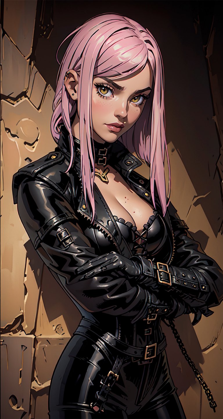 (European city background:1.4), (best detailed), (best lighting), ( ultra-detailed), (best quality), 1 girl, yellow eyes, (detail eyes), pale_skin, pink_hair, ((straight_hair)), bangs, short-hair, past-the-waist, large breasts, (large black leather trench coat:1.4), (black leather pants, sexy black leather corset:1.4) showing cleavage, sexy, (NSFW nudity, naked), slim thicc, perfect smooth skin, detailed skin,style,