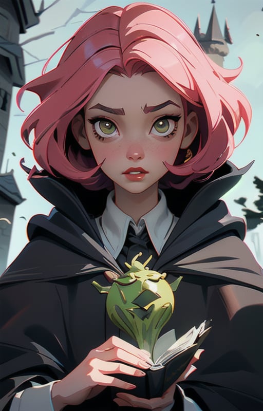 1girl, short pink hair,(hufflepuff House Cloak),( inner cloak yellow:1), (outer cloack black:1),yellow eyes, looking at viewer, solo, upper body,(masterpiece:1.4),(best quality:1.4),red lips,parted lips, exterior forest and mountains, castle,hogwarts castle:1,dramatic shadows,extremely_beautiful_detailed_anime_face_and_eyes,an extremely delicate and beautiful,dynamic angle, cinematic camera, dynamic pose,depth of field,chromatic aberration,anime