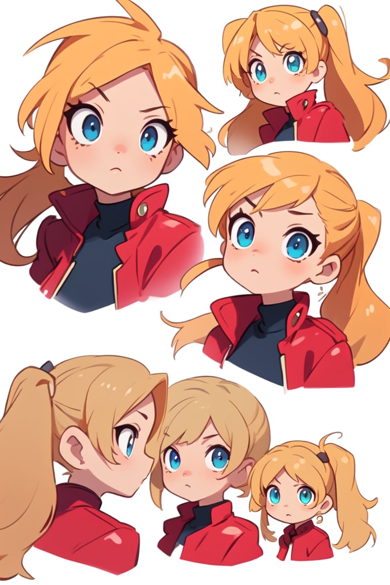 1 girl, blonde hair, (two long pigtails:1.4), blue eyes,red leather jacket, white t-shirt,solo,(masterpiece:1.4(bestquality:1.4),(surprise:1.4)(extremely_beautiful_detailed_anime_face_and_eyes:1.4),an extremely delicate and beautiful,Watercolor, Ink, epic,multiple views, upper body, reference sheet:1,CharacterSheet, white background, different expresions,multiple girls,character sheet, character design, reference sheet, multiple views, turnaround,Chibi