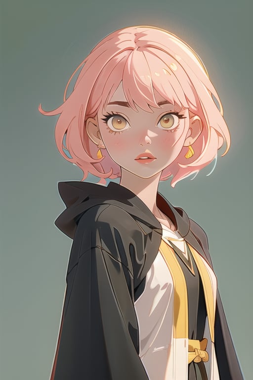 1girl, short pink hair,hufflepuff House Cloak, inner cloak yellow, outer cloack black,yellow eyes, looking at viewer, solo, upper body,(masterpiece:1.4),(best quality:1.4),red lips,parted lips, hogwarts castle,dramatic shadows,extremely_beautiful_detailed_anime_face_and_eyes,an extremely delicate and beautiful,dynamic angle, cinematic camera, dynamic pose,depth of field,chromatic aberration,