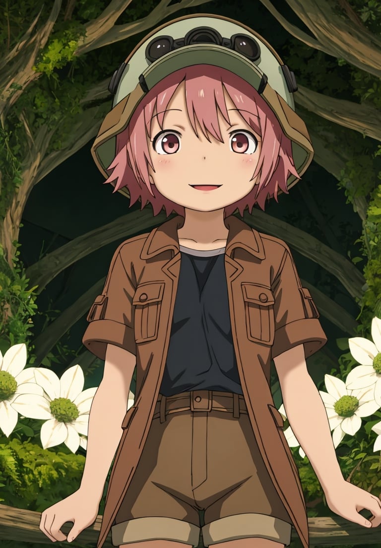 ultra-detailed, illustration, cinematic composition, abyss style, grass, white flower, moss,MadeintheAbyss, 1girl, (short pink hair:1.4), brown coat, short sleeves, brown overcoat, (brown shorts:1.4),(explorer helmet:1),yellow eyes, looking at viewer, solo, upper body,(masterpiece:1.4),(best quality:1.4),red lips,parted lips,smile, walking in the deep forest,