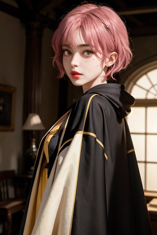 1girl, short pink hair,(mole next to lip:1),(eyebrow scar:1),(hufflepuff House Cloak),( inner cloak yellow:1), (outer cloack black:1),yellow eyes, looking at viewer, solo, upper body,(masterpiece:1.4),(best quality:1.4),red lips,parted lips, hogwarts castle:1,dramatic shadows,extremely_beautiful_detailed_anime_face_and_eyes,an extremely delicate and beautiful,dynamic angle, cinematic camera, dynamic pose,depth of field,chromatic aberration,backlighting,