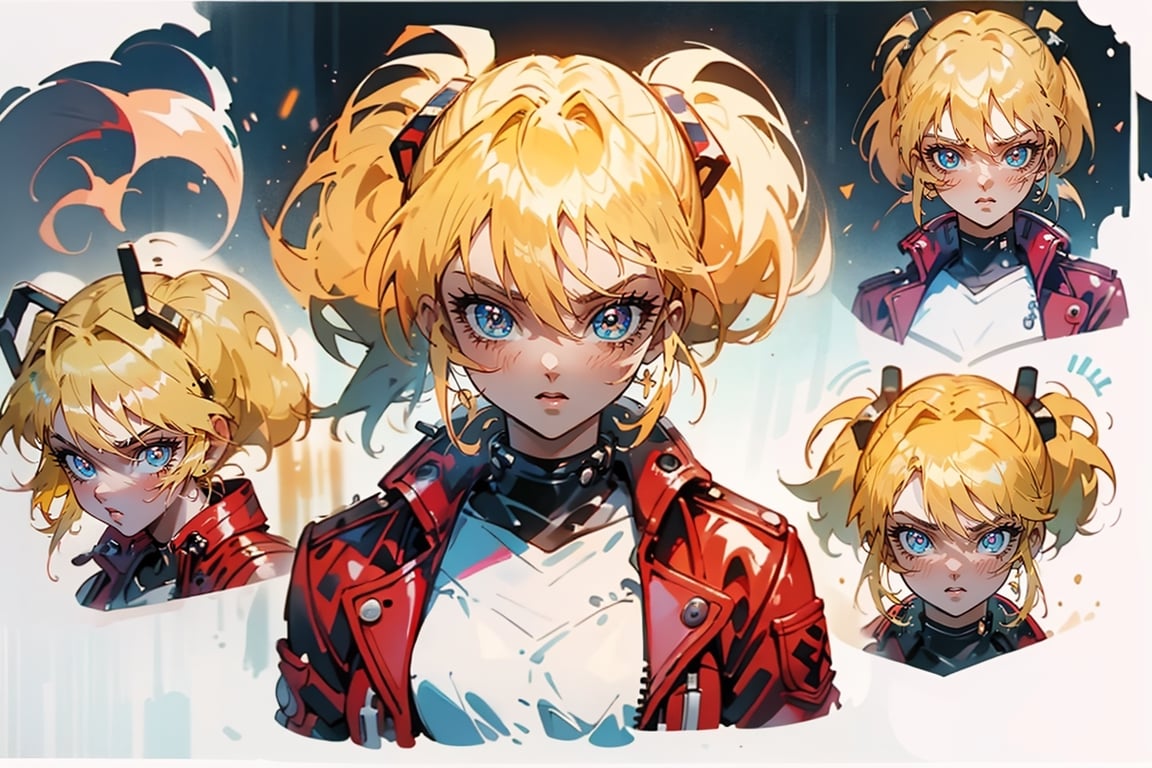 1 girl, blonde hair, two pigtails, blue eyes,red leather jacket, white t-shirt, jeans, black boots, solo, (medium_shot:1.4),(masterpiece:1.4(bestquality:1.4),(extremely_beautiful_detailed_anime_face_and_eyes:1.4),an extremely delicate and beautiful,Watercolor, Ink, epic,multiple views, full body, upper body, reference sheet:1,CharacterSheet, white background, different expresions,girl