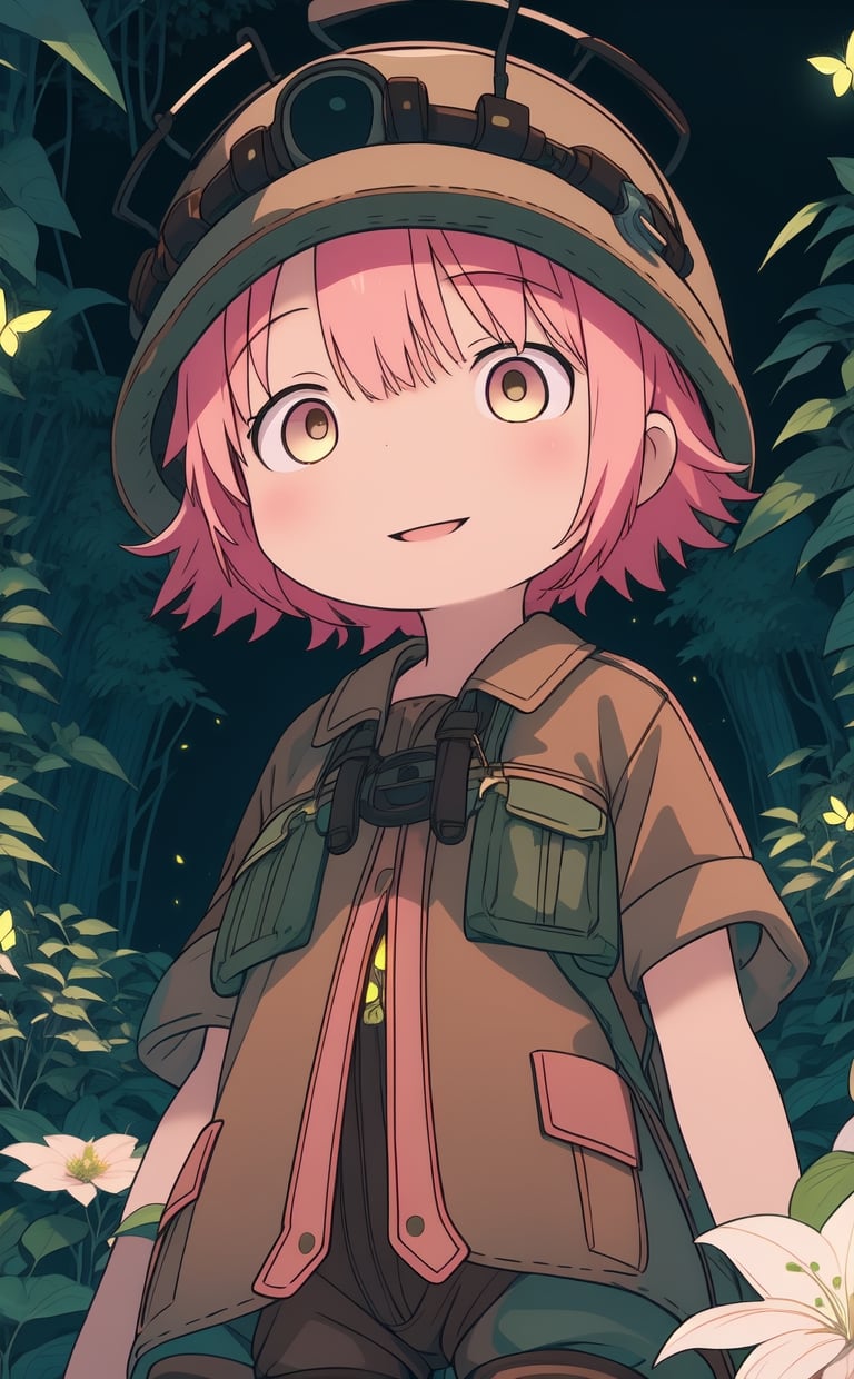 ultra-detailed, illustration, cinematic composition, abyss style, grass, white flower, moss,MadeintheAbyss, 1girl, (short pink hair:1.4), brown coat, short sleeves, brown overcoat, (brown shorts:1.4),(explorer helmet:1),(explorer boots:1.4),(yellow eyes:1.4), looking at viewer, solo, (upper body:1.4),(masterpiece:1.4),(best quality:1.4),red lips,parted lips,smile, walking in the deep forest,firefliesfireflies,portrait,illustration,best quality