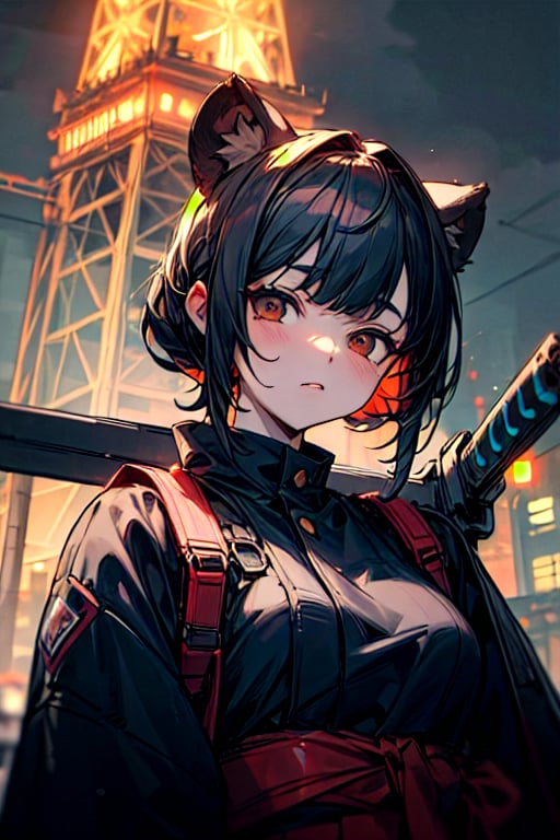 (masterpiece:1.4),(best quality:1.4),1 tanuki_demon, (cyberpunk:1),(evil expression:1),(tokyo tower background at night:1), multiple weapons,style,