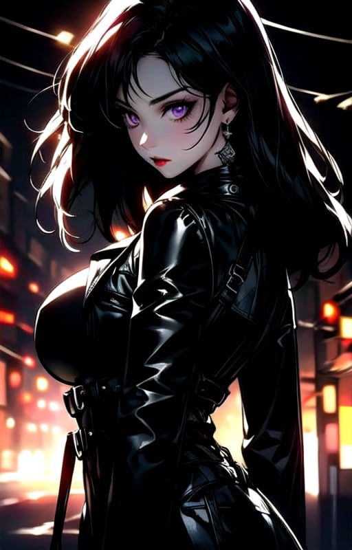 1girl, beautiful girl, long black hair:1.2, purple eyes, black leather pants, black leather corset, (large black leather trench coat:1.2), big breasts,looking at viewer, solo, upper body,(masterpiece:1.4),(best quality:1.4),red lips,parted lips, night city:1,street,night,vampire:1.2,dramatic shadows,extremely_beautiful_detailed_anime_face_and_eyes,an extremely delicate and beautiful,dynamic angle, cinematic camera, dynamic pose,depth of field,chromatic aberration,backlighting,Watercolor, Ink, epic, candystyle, ,style