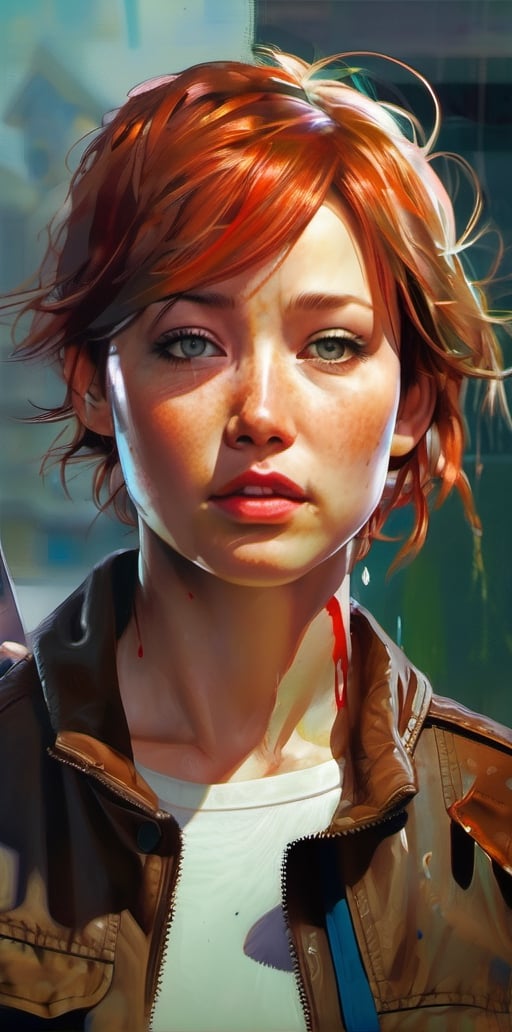 mdjrny-v4 style. Oil painting, heavy strokes, paint dripping. ((Jennifer Lawrence:1)), ((25 years old:1.4)).redhead, green eyes, ((brown leather jacket:1.4)),backpack on his back:1.4, ((armed with a knife:1.4)),((survivor, warrior, leader)), ((walking dead tv style:1.4)),Jeremy Mann, Carne Griffiths, Robert oxley. Rich deep colors. Cell Shaded layered image. Beautiful face, Perfect anatomy, perfect eyes, detailed eyes, golden ratio, award-winning, professional, highly detailed, centered, symmetry, painted, intricate, volumetric lighting, beautiful, masterpiece, sharp focus, depth of field, perfect composition, award-winning, high resolution 8K, trending in pixiv, artstation,  , acrylic painting, trending on pixiv fanbox, palette knife and brush strokes, style of makoto shinkai jamie wyeth james gilleard edward hopper greg rutkowski studio ghibli genshin impact