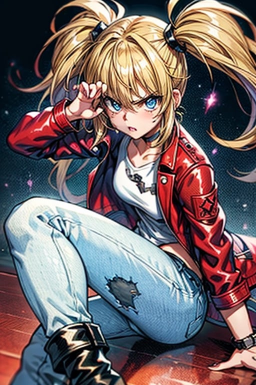 1 girl, blonde hair, two pigtails, blue eyes,red leather jacket, white t-shirt, jeans, black boots, solo, upper body,(masterpiece:1.4(bestquality:1.4),,extremely_beautiful_detailed_anime_face_and_eyes,an extremely delicate and beautiful, pose,Watercolor, Ink, epic, angry, simple background, white_background, pose visual novel,