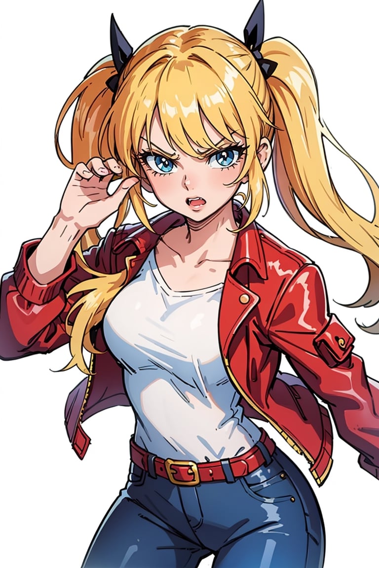 1 girl, blonde hair, two pigtails, blue eyes,red leather jacket, white t-shirt, jeans, black boots, solo, upper body,(masterpiece:1.4(bestquality:1.4),,extremely_beautiful_detailed_anime_face_and_eyes,an extremely delicate and beautiful, pose,Watercolor, Ink, epic, angry, simple background, white_background, pose visual novel,