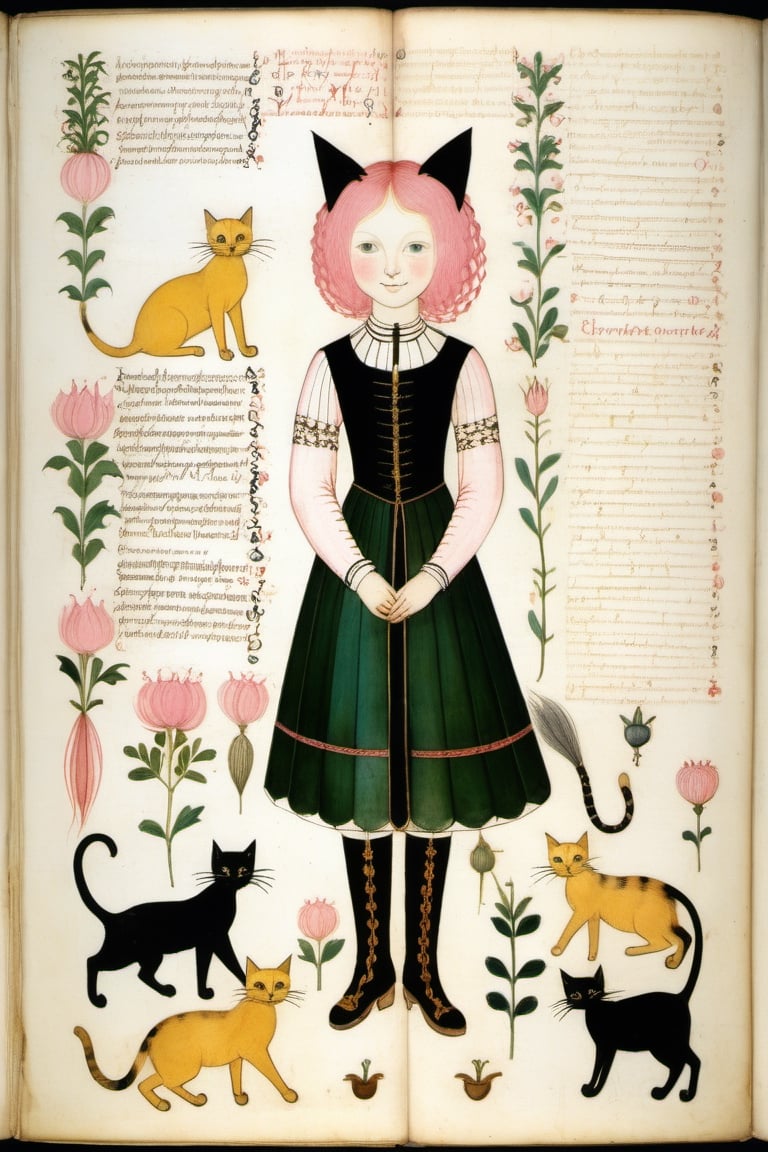 Voynich manuscript illustrating 1 girl, pink hair:1.2, yellow eyes:1.2, (pink cat ears:1.2), black leather boots, black leather gloves, smiling,braids,