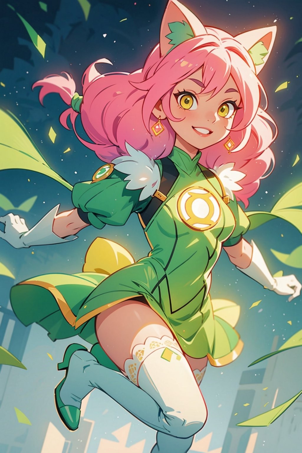 1girl, Portrait of the beautiful Lopadex, athletic, green lantern dress:1.2, pink hair:1.2, yellow eyes:1.2, pink cat ears:1.2, white leather boots, white leather gloves, smiling,braids,make up,voluminous lighting, Best Quality, Masterpiece, intricate details, tonemapping, sharp-focus, hyper detailed, Trending on ArtStation, 