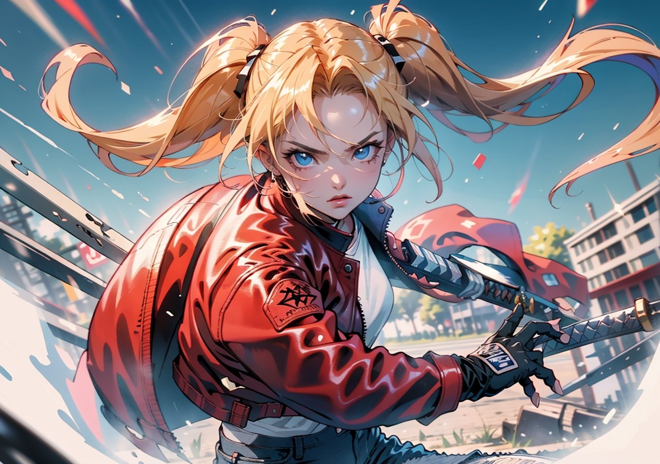 1 girl, blonde hair, two pigtails, blue eyes, white t-shirt, jeans, black boots,(red leather jacket:1),battoujutsu, solo, upper body,(masterpiece:1.4),(best quality:1.4),dramatic shadows,extremely_beautiful_detailed_anime_face_and_eyes,an extremely delicate and beautiful,dynamic angle, cinematic camera, dynamic pose,depth of field,chromatic aberration,backlighting,Watercolor, Ink, epic, angry,vibrant,colorful,nature,pop, simple background, blank_background,battoujutsu,perfect,girl