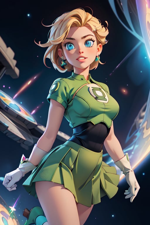 1girl, solo,extrem detailed face, extreme detailed eyes, green lantern, green skirt, white gloves,slim waist, (((girl))), medium breasts, blue eyes, (best quality, masterpiece), omnipotent goddess, universe, milky way, particles, black hole, transcendent being, short blondie hair, wind, spectral, playful, flying, floating, flirty