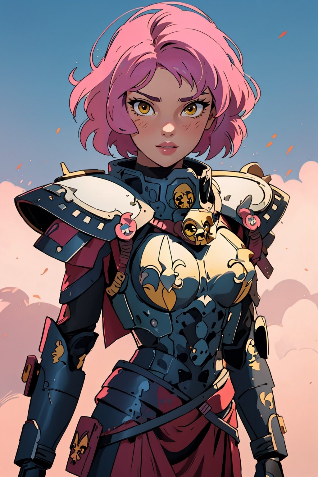 ((Masterpiece, best quality,)),1girl,edgAdepta, looking at viewer, lips, (short hair), (pink hair),(yellow eyes),wind background ,wearing edgAdepta,power armor,shoulder armor,skull emblem,EDGADEPTA,anime,1 girl,style,40kanime