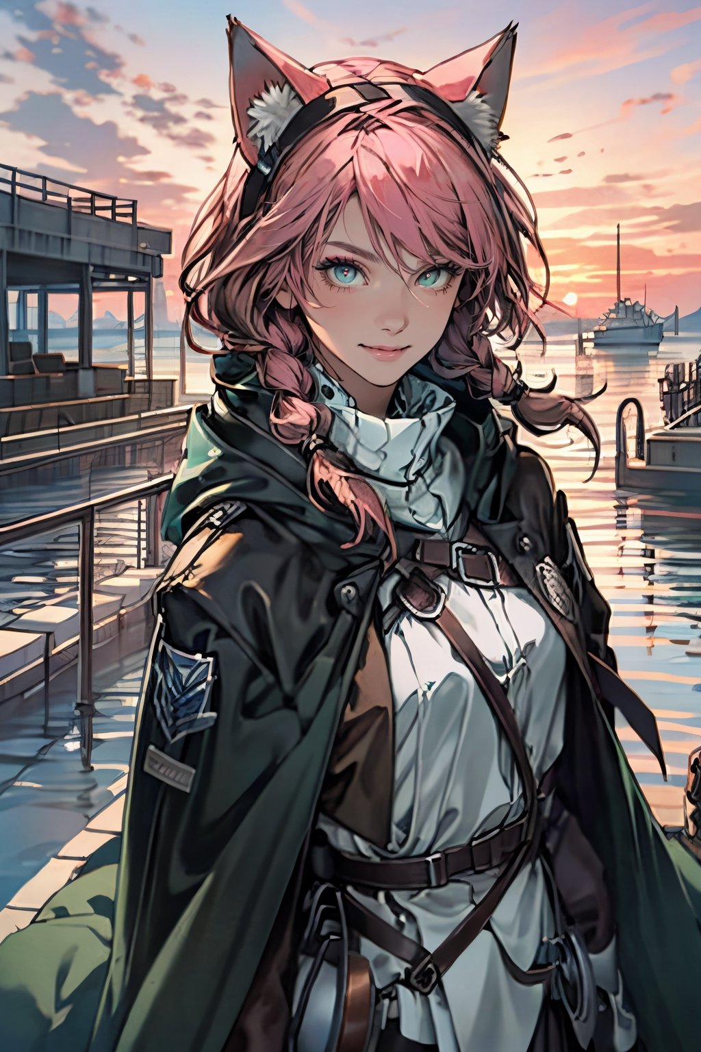 1 girl,pink hair:1.2, yellow eyes:1.2, (pink cat ears:1.2), black leather boots, black leather gloves, smiling,braids,make up, (green scouts cloak:1.2), (standing), (upper body in frame), simple background, endless ocean, pink cloudy sky, dawn, 1910s harbor, only1 image, perfect anatomy, perfect proportions, perfect perspective, 8k, HQ, 