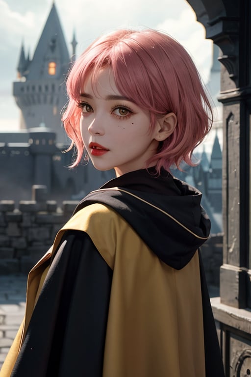 1girl, short pink hair,(mole next to lip:1),(eyebrow scar:1),(hufflepuff House Cloak),( inner cloak yellow:1), (outer cloack black:1),yellow eyes, looking at viewer, solo, upper body,(masterpiece:1.4),(best quality:1.4),red lips,parted lips, hogwarts castle:1,dramatic shadows,extremely_beautiful_detailed_anime_face_and_eyes,an extremely delicate and beautiful,dynamic angle, cinematic camera, dynamic pose,depth of field,chromatic aberration,backlighting,