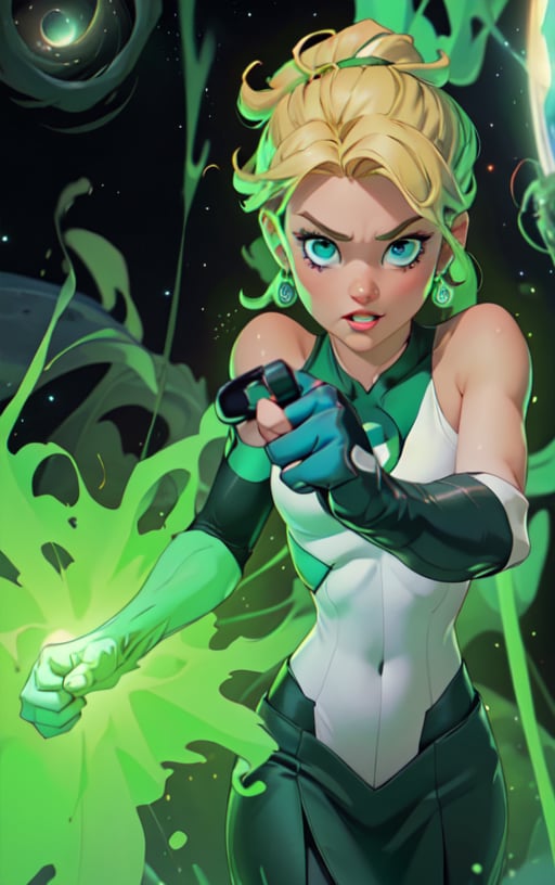 1girl, solo,extrem detailed face, extreme detailed eyes, green lantern, white bodysuit,tight green skirt, white gloves,,slim waist, (((girl))), medium breasts, ((pointing with the fist to view)), from the fist comes a green beam of energy,blue eyes, (best quality, masterpiece), omnipotent goddess, universe, milky way, particles, black hole, transcendent being, short blondie hair, wind, spectral, playful, flying, floating, flirty