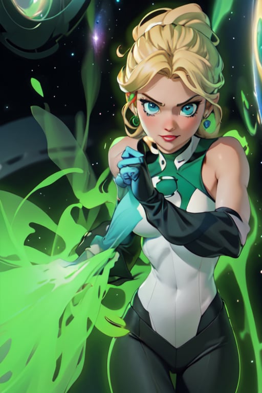 1girl, solo,extrem detailed face, extreme detailed eyes, green lantern, white bodysuit,tight green skirt, white gloves,,slim waist, (((girl))), medium breasts, blue eyes, (best quality, masterpiece), omnipotent goddess, universe, milky way, particles, black hole, transcendent being, short blondie hair, wind, spectral, playful, flying, floating, flirty