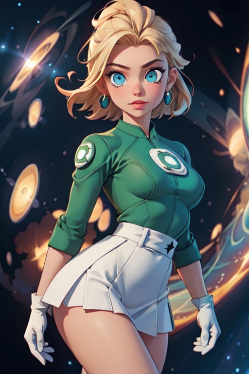 1girl, solo,extrem detailed face, extreme detailed eyes, green lantern, white bodysuit,tight green skirt, white gloves,,slim waist, (((girl))), medium breasts, blue eyes, (best quality, masterpiece), omnipotent goddess, universe, milky way, particles, black hole, transcendent being, short blondie hair, wind, spectral, playful, flying, floating, flirty