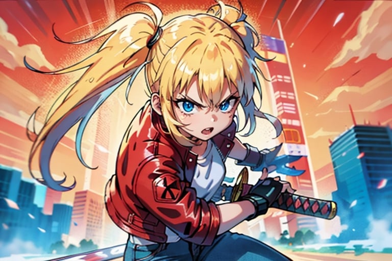 1 girl, blonde hair, two pigtails, blue eyes, white t-shirt, jeans, black boots,(red leather jacket:1),battoujutsu, solo, upper body,(masterpiece:1.4),(best quality:1.4),dramatic shadows,extremely_beautiful_detailed_anime_face_and_eyes,an extremely delicate and beautiful,dynamic angle, cinematic camera, dynamic pose,depth of field,chromatic aberration,backlighting,Watercolor, Ink, epic, angry,vibrant,colorful,nature,pop, simple background, blank_background,battoujutsu,perfect,girl