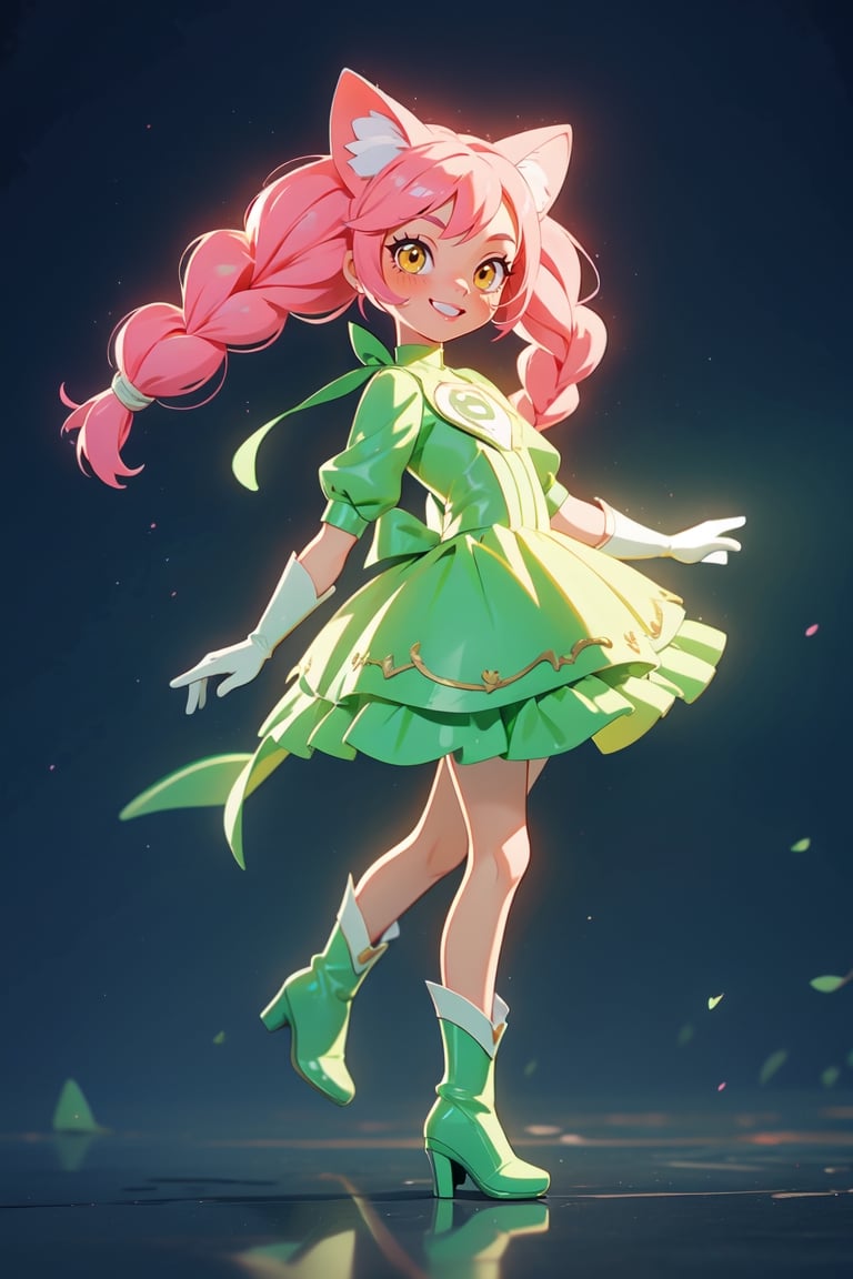 ((1 female)), petite girl, full body, chibi, 3D figure little girl, Portrait of the beautiful Lopadex, athletic, green lantern dress:1.2, pink hair:1.2, yellow eyes:1.2, pink cat ears:1.2, white leather boots, white leather gloves, smiling,braids,make up, beautiful girl with attention to detail, beautiful delicate eyes, detailed face, beautiful eyes, Dynamic Beautiful Pose, Natural Light, ((Real) ) Quality: 1.2 )), Dynamic Long Distance Shot, Cinematic Lighting, Perfect Composition, Super Detail, Official Art, Masterpiece, (Best Quality: 1.3), Reflection, High Resolution CG Unity 8K Wallpaper, Detailed Background, Masterpiece, (Photorealistic): 1.2), Random Angle, Side Angle, Chibi, Full Body, mikdef.,SFW,1 girl