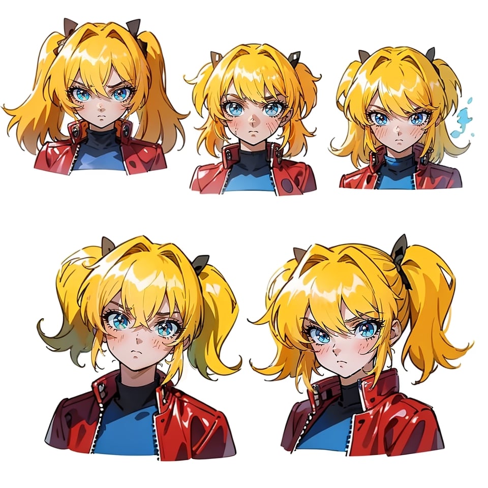 1 girl, blonde hair, two pigtails, blue eyes,red leather jacket, white t-shirt, jeans, black boots, solo, (medium_shot:1.4),(masterpiece:1.4(bestquality:1.4),(extremely_beautiful_detailed_anime_face_and_eyes:1.4),an extremely delicate and beautiful,Watercolor, Ink, epic,multiple views, full body, upper body, reference sheet:1,CharacterSheet, white background, different expresions,expression sheet