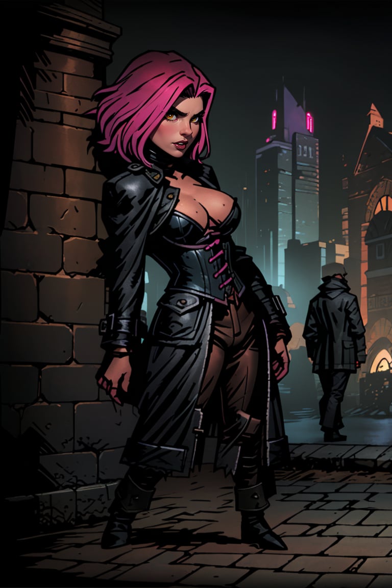 (European city background:1.4), (best detailed), (best lighting), ( ultra-detailed), (best quality), 1 girl, yellow eyes, (detail eyes), pale_skin, pink_hair, ((straight_hair)), bangs, short-hair, past-the-waist, large breasts, (large black leather trench coat:1.4), (black leather pants, sexy black leather corset:1.4) showing cleavage, sexy, (NSFW nudity, naked), slim thicc, perfect smooth skin, detailed skin,style,