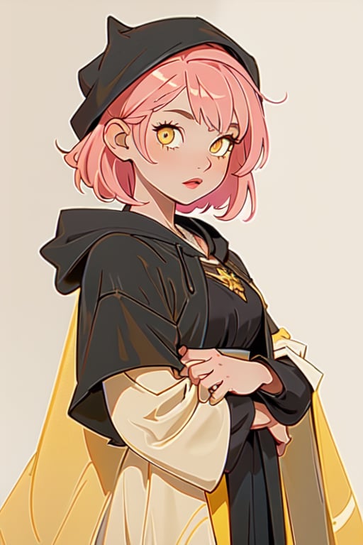 1girl, short pink hair,hufflepuff House Cloak, inner cloak yellow, outer cloack black,yellow eyes, looking at viewer, solo, upper body,(masterpiece:1.4),(best quality:1.4),red lips,parted lips