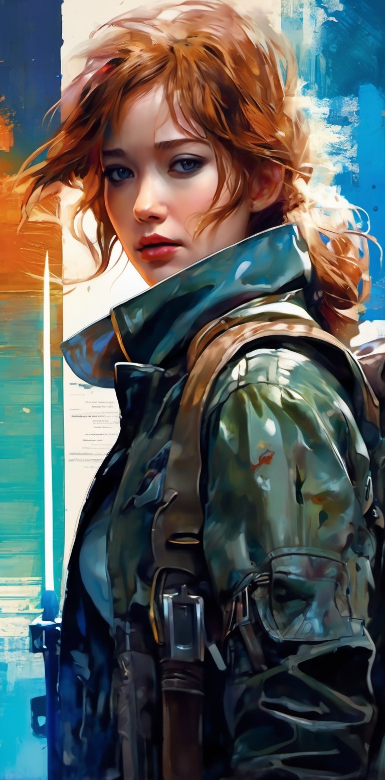 mdjrny-v4 style. Oil painting, heavy strokes, paint dripping. ((Jennifer Lawrence:1)), ((25 years old:1.4)).redhead, green eyes, ((brown leather jacket:1.4)),backpack on his back:1.4, ((armed with a knife:1.4)),((survivor, warrior, leader)), ((walking dead tv style:1.4)),Jeremy Mann, Carne Griffiths, Robert oxley. Rich deep colors. Cell Shaded layered image. Beautiful face, Perfect anatomy, perfect eyes, detailed eyes, golden ratio, award-winning, professional, highly detailed, centered, symmetry, painted, intricate, volumetric lighting, beautiful, masterpiece, sharp focus, depth of field, perfect composition, award-winning, high resolution 8K, trending in pixiv, artstation,  , acrylic painting, trending on pixiv fanbox, palette knife and brush strokes, style of makoto shinkai jamie wyeth james gilleard edward hopper greg rutkowski studio ghibli genshin impact