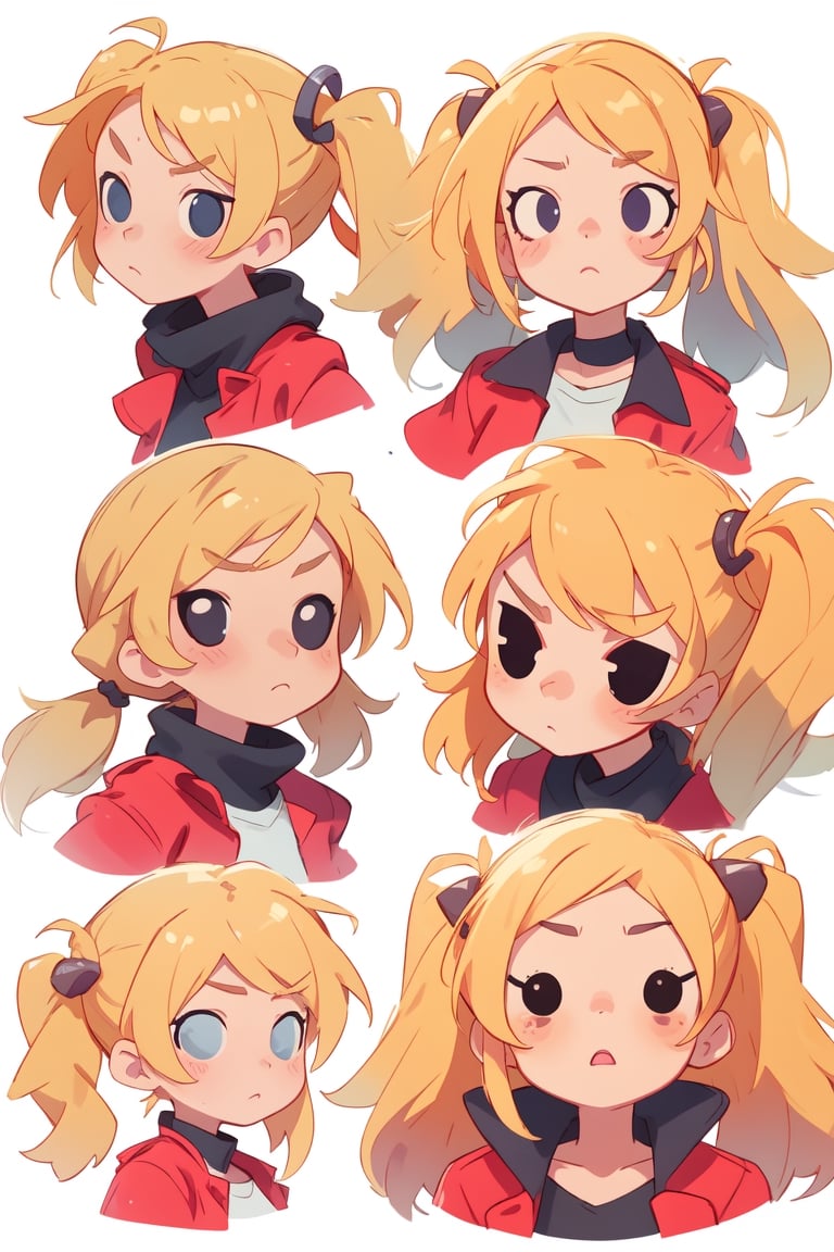 1 girl, blonde hair, (two long pigtails:1.4), blue eyes,red leather jacket, white t-shirt,solo,(masterpiece:1.4(bestquality:1.4),(surprise:1.4)(extremely_beautiful_detailed_anime_face_and_eyes:1.4),an extremely delicate and beautiful,Watercolor, Ink, epic,multiple views, upper body, reference sheet:1,CharacterSheet, white background, different expresions,multiple girls,character sheet, character design, reference sheet, multiple views, turnaround,Chibi