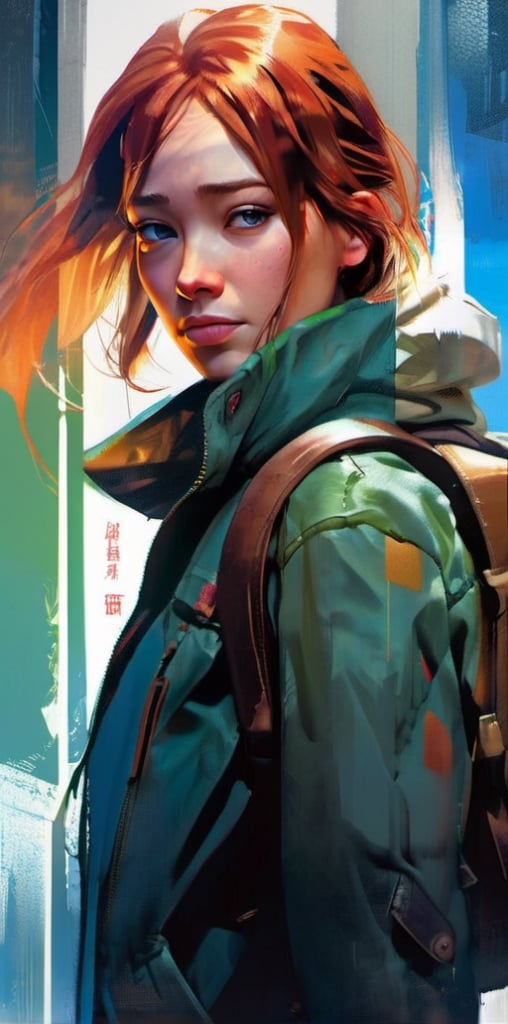 mdjrny-v4 style. Oil painting, heavy strokes, paint dripping. ((Jennifer Lawrence:1)), ((25 years old:1.4)).redhead, green eyes, ((brown leather jacket:1.4)),backpack on his back:1.4, ((armed with a knife:1.4)),((survivor, warrior, leader)), ((walking dead tv style:1.4)),Jeremy Mann, Carne Griffiths, Robert oxley. Rich deep colors. Cell Shaded layered image. Beautiful face, Perfect anatomy, perfect eyes, detailed eyes, golden ratio, award-winning, professional, highly detailed, centered, symmetry, painted, intricate, volumetric lighting, beautiful, masterpiece, sharp focus, depth of field, perfect composition, award-winning, high resolution 8K, trending in pixiv, artstation,  , acrylic painting, trending on pixiv fanbox, palette knife and brush strokes, style of makoto shinkai jamie wyeth james gilleard edward hopper greg rutkowski studio ghibli genshin impact,Flat Design