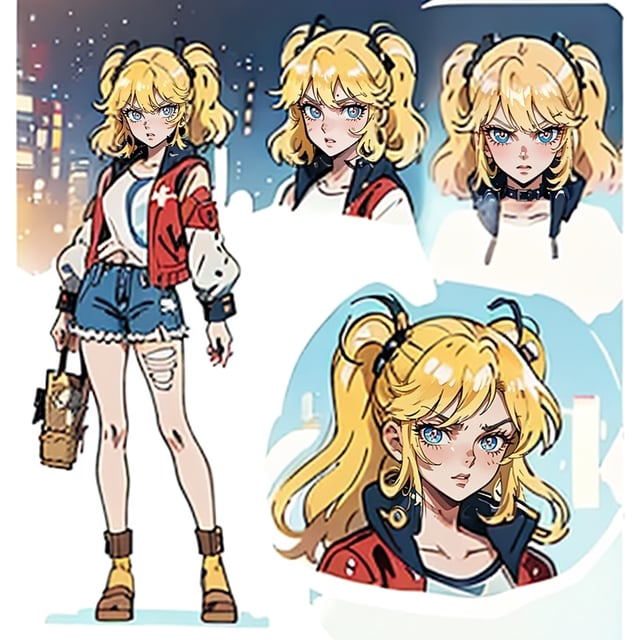 1 girl, blonde hair, two pigtails, blue eyes,red leather jacket, white t-shirt, jeans, black boots, solo, (medium_shot:1.4),(masterpiece:1.4(bestquality:1.4),(extremely_beautiful_detailed_anime_face_and_eyes:1.4),an extremely delicate and beautiful,Watercolor, Ink, epic, angry, CharacterSheet,(multiple views, full body, upper body, reference sheet:1),