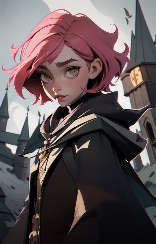 1girl, short pink hair,(hufflepuff House Cloak),( inner cloak yellow:1), (outer cloack black:1),yellow eyes, looking at viewer, solo, upper body,(masterpiece:1.4),(best quality:1.4),red lips,parted lips, exterior forest and mountains, castle,hogwarts castle:1,dramatic shadows,extremely_beautiful_detailed_anime_face_and_eyes,an extremely delicate and beautiful,dynamic angle, cinematic camera, dynamic pose,depth of field,chromatic aberration,anime