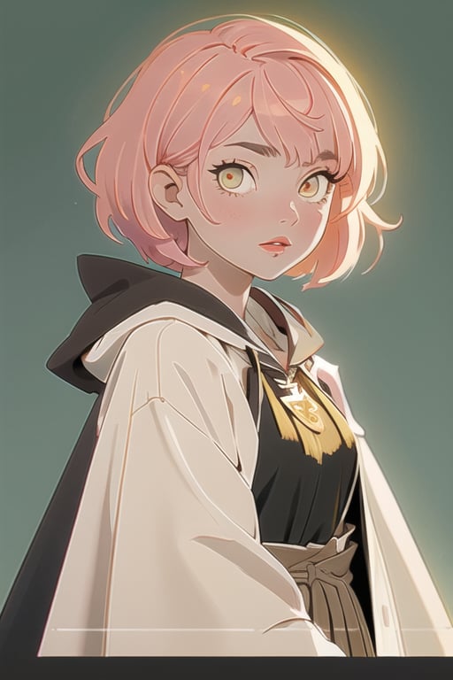 1girl, short pink hair,hufflepuff House Cloak, inner cloak yellow, outer cloack black,yellow eyes, looking at viewer, solo, upper body,(masterpiece:1.4),(best quality:1.4),red lips,parted lips, hogwarts castle:1,dramatic shadows,extremely_beautiful_detailed_anime_face_and_eyes,an extremely delicate and beautiful,dynamic angle, cinematic camera, dynamic pose,depth of field,chromatic aberration,backlighting,