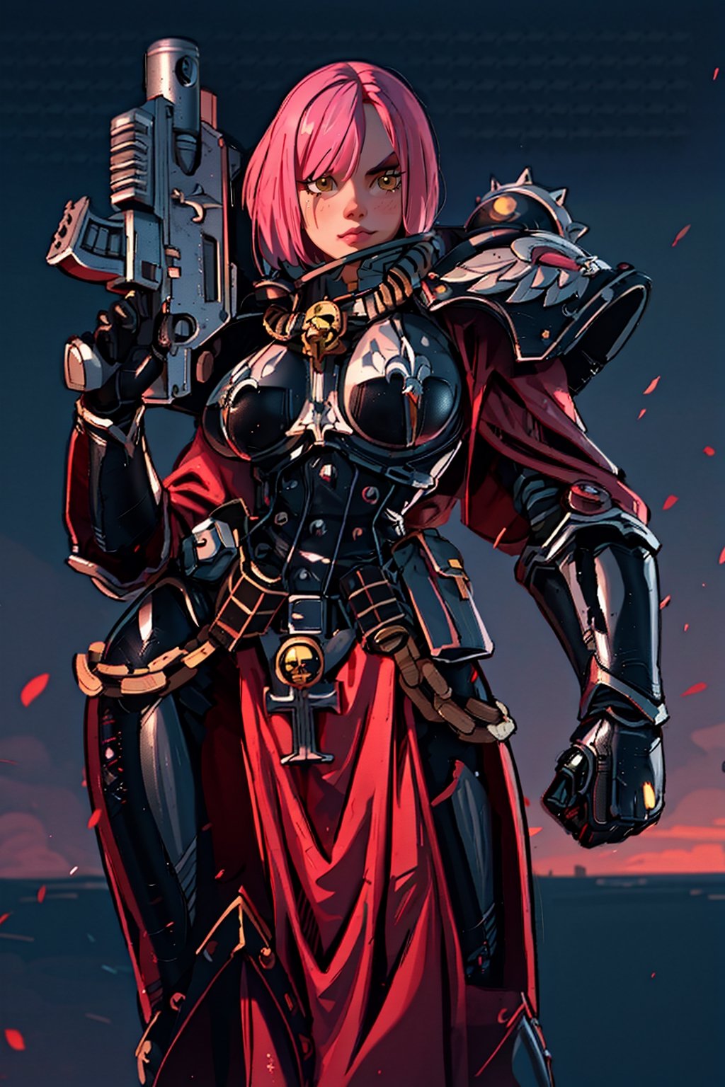 ((Masterpiece, best quality,)), (combat pose:1),1girl,edgAdepta, looking at viewer, lips, (short hair), (pink hair),(yellow eyes),wind background ,wearing edgAdepta,power armor,shoulder armor,skull emblem,EDGADEPTA, Dynamic Beautiful Pose, Natural Light, ((Real) ) Quality: 1.2 )), Dynamic Long Distance Shot, Cinematic Lighting, Perfect Composition, Super Detail, Official Art, Masterpiece, (Best Quality: 1.3), Reflection, High Resolution CG Unity 8K Wallpaper, Detailed Background, Masterpiece, (Photorealistic): 1.2), Random Angle, Side Angle anime,1 girl,style,40kanime,Eda Clawthorne,shoulder ,background