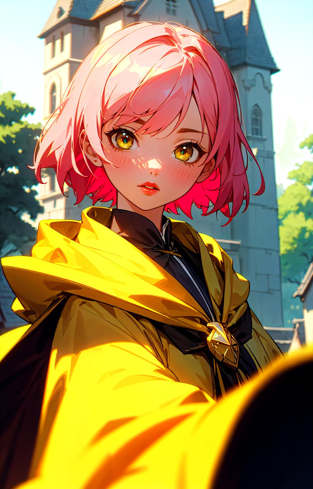 1girl, short pink hair,(hufflepuff House Cloak),( inner cloak yellow:1), (outer cloack black:1),yellow eyes, looking at viewer, solo, upper body,(masterpiece:1.4),(best quality:1.4),red lips,parted lips, exterior forest and mountains, castle,hogwarts castle:1,dramatic shadows,extremely_beautiful_detailed_anime_face_and_eyes,an extremely delicate and beautiful,dynamic angle, cinematic camera, dynamic pose,depth of field,chromatic aberration,anime,3DMM