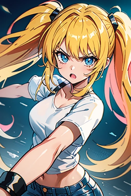 1 girl, blonde hair, two pigtails, blue eyes, white t-shirt, jeans, black boots, solo, upper body,(masterpiece:1.4),(best quality:1.4),,dramatic shadows,extremely_beautiful_detailed_anime_face_and_eyes,an extremely delicate and beautiful,dynamic angle, cinematic camera, dynamic pose,depth of field,chromatic aberration,backlighting,Watercolor, Ink, epic, angry,vibrant,colorful,nature,pop, simple background, blank_background,