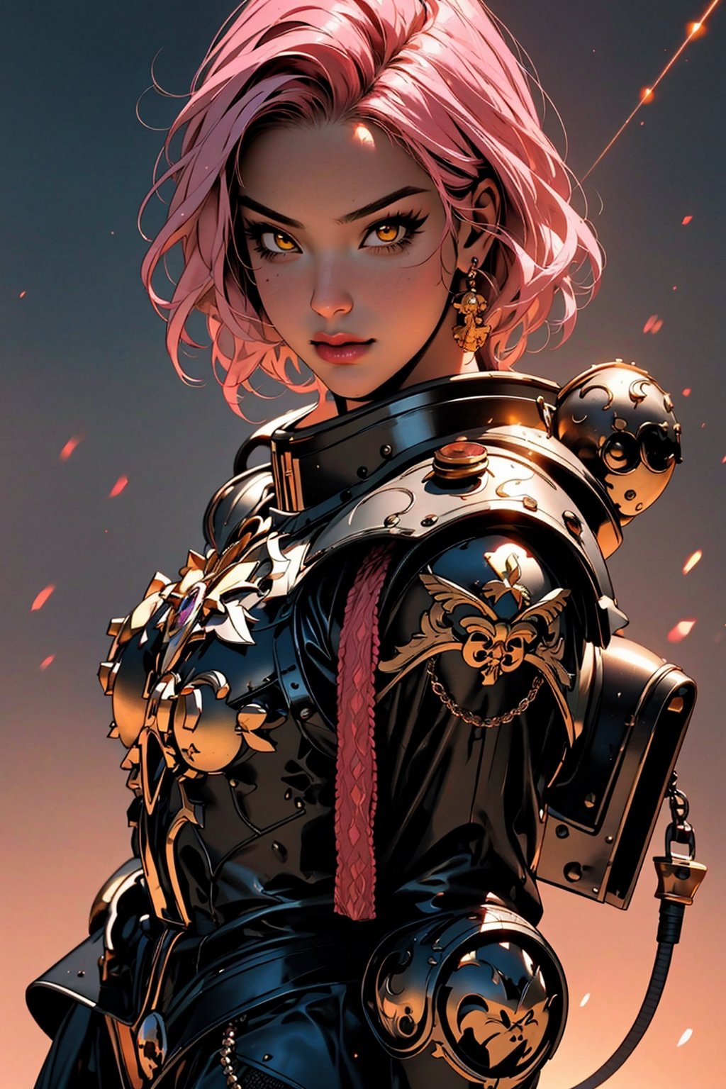 ((Masterpiece, best quality,)), (combat pose:1),1girl,edgAdepta, looking at viewer, lips, (short hair), (pink hair),(yellow eyes),wind background ,wearing edgAdepta,power armor,shoulder armor,skull emblem,EDGADEPTA, Dynamic Beautiful Pose, Natural Light, ((Real) ) Quality: 1.2 )), Dynamic Long Distance Shot, Cinematic Lighting, Perfect Composition, Super Detail, Official Art, Masterpiece, (Best Quality: 1.3), Reflection, High Resolution CG Unity 8K Wallpaper, Detailed Background, Masterpiece, (Photorealistic): 1.2), Random Angle, Side Angle anime,1 girl,style,40kanime,Eda Clawthorne,shoulder ,