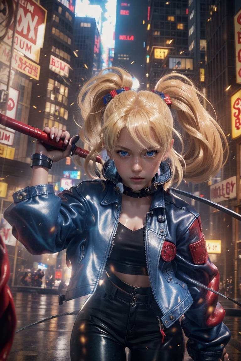 1 girl, blonde hair, two pigtails, blue eyes,red leather jacket, white t-shirt, jeans, black boots, solo, (medium_shot:1.4),(masterpiece:1.4(bestquality:1.4),extremely_beautiful_detailed_anime_face_and_eyes,an extremely delicate and beautiful,photorealistic