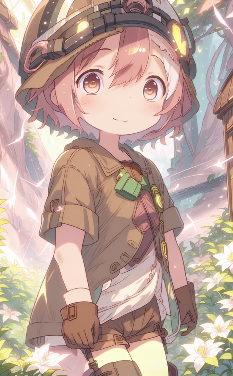 ultra-detailed, illustration, cinematic composition, abyss style, grass, white flower, moss,MadeintheAbyss, 1girl, (short pink hair:1.4), brown coat, short sleeves, brown overcoat, (brown shorts:1.4),(explorer helmet:1),(explorer boots:1.4),(yellow eyes:1.4), looking at viewer, solo, (upper body:1.4),(masterpiece:1.4),(best quality:1.4),red lips,parted lips,smile, walking in the deep forest,firefliesfireflies,portrait,illustration,best quality,BrgEy