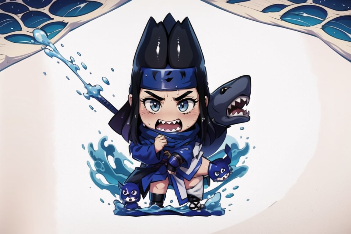 Hoshigaki Kisame, akatsuki cosplay, 1 man, gray skin,black hair, bandana, water sharks, water spell, water, solo,(medium_shot:1.4),(masterpiece:1.4(bestquality:1.4),extremely_beautiful_detailed_anime_face_and_eyes,an extremely delicate and beautiful,super_deformed,nas,ninja