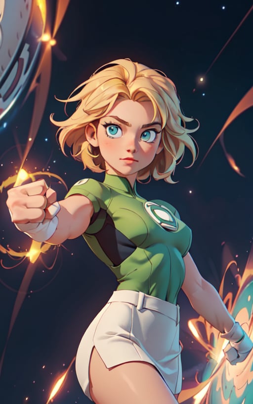 1girl, solo,extrem detailed face, extreme detailed eyes, green lantern, white bodysuit,tight green skirt, white gloves,,slim waist, (((girl))), medium breasts, ((pointing with the fist to view)), from the fist comes a green beam of energy,blue eyes, (best quality, masterpiece), omnipotent goddess, universe, milky way, particles, black hole, transcendent being, short blondie hair, wind, spectral, playful, flying, floating, flirty,hero view:1.5, full shot:1.5,