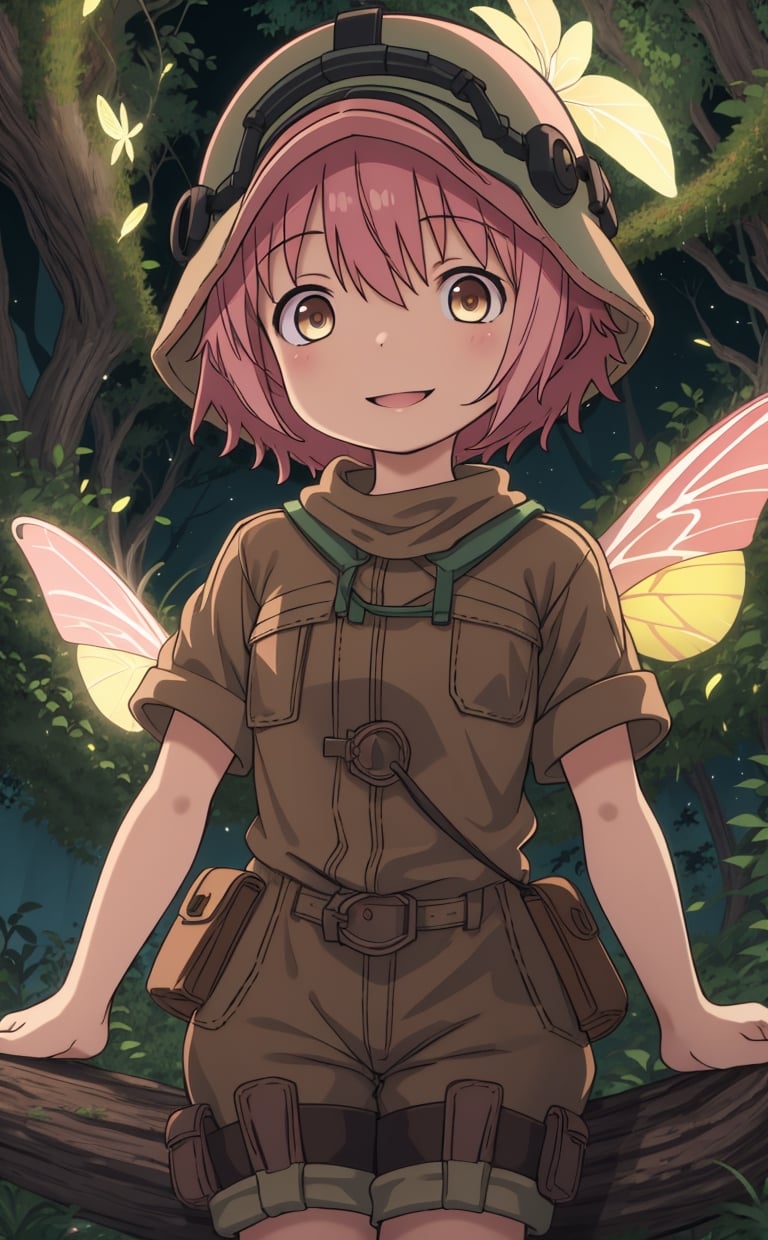 ultra-detailed, illustration, cinematic composition, abyss style, grass, white flower, moss,MadeintheAbyss, 1girl, (short pink hair:1.4), brown coat, short sleeves, brown overcoat, (brown shorts:1.4),(explorer helmet:1),(explorer boots:1.4),(yellow eyes:1.4), looking at viewer, solo, (upper body:1.4),(masterpiece:1.4),(best quality:1.4),red lips,parted lips,smile, walking in the deep forest,firefliesfireflies