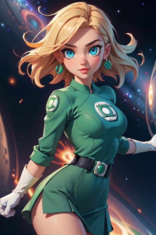 1girl, solo,extrem detailed face, extreme detailed eyes, green lantern, white bodysuit,tight green skirt, white gloves,,slim waist, (((girl))), medium breasts, blue eyes, (best quality, masterpiece), omnipotent goddess, universe, milky way, particles, black hole, transcendent being, short blondie hair, wind, spectral, playful, flying, floating, flirty