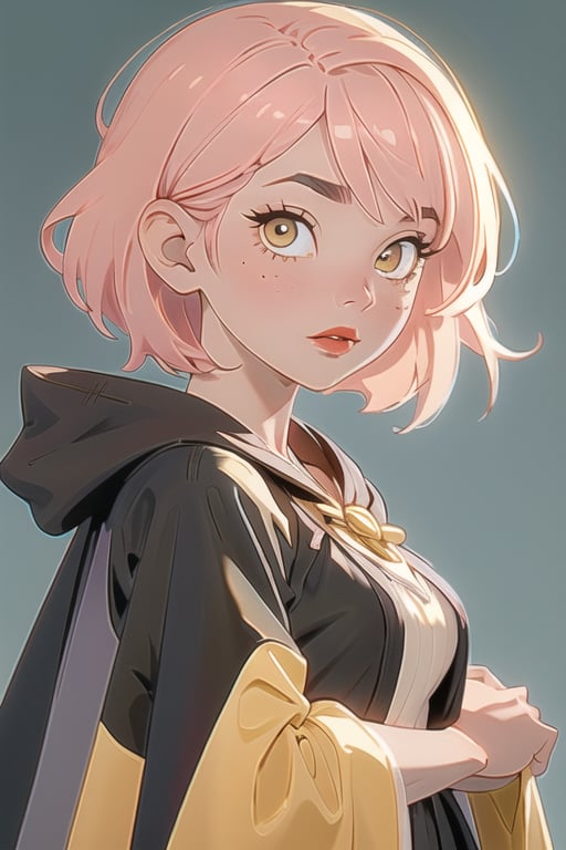 1girl, short pink hair,(mole next to lip:1),(eyebrow scar:1),(hufflepuff House Cloak),( inner cloak yellow:1), (outer cloack black:1),yellow eyes, looking at viewer, solo, upper body,(masterpiece:1.4),(best quality:1.4),red lips,parted lips, hogwarts castle:1,dramatic shadows,extremely_beautiful_detailed_anime_face_and_eyes,an extremely delicate and beautiful,dynamic angle, cinematic camera, dynamic pose,depth of field,chromatic aberration,backlighting,