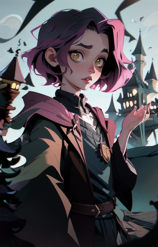 1girl, short pink hair,(hufflepuff House Cloak),( inner cloak yellow:1), (outer cloack black:1),yellow eyes, looking at viewer, solo, upper body,(masterpiece:1.4),(best quality:1.4),red lips,parted lips, exterior forest and mountains, castle,hogwarts castle:1,dramatic shadows,extremely_beautiful_detailed_anime_face_and_eyes,an extremely delicate and beautiful,dynamic angle, cinematic camera, dynamic pose,depth of field,chromatic aberration,anime