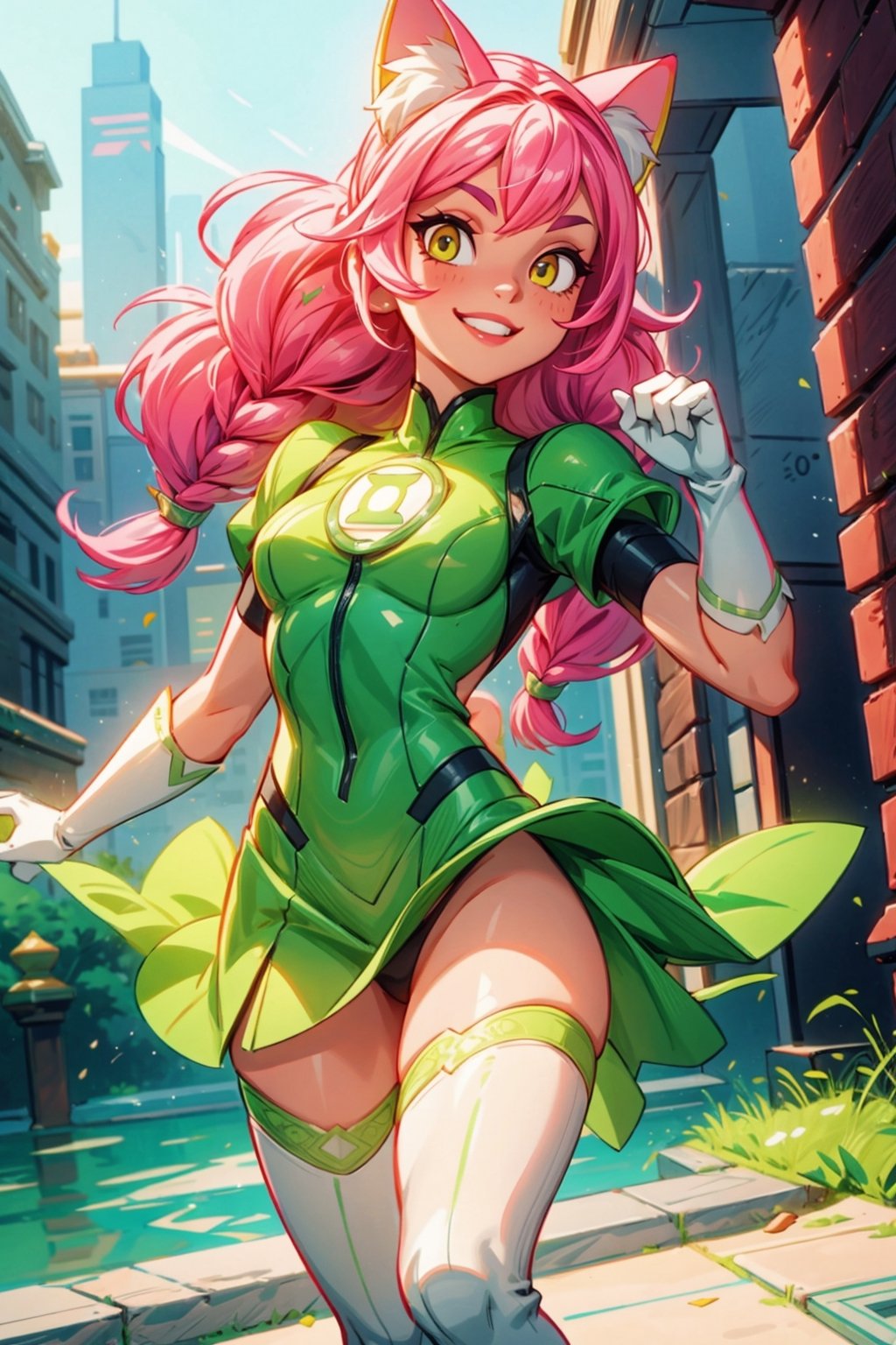 1girl, Portrait of the beautiful Lopadex, athletic, green lantern dress:1.2, pink hair:1.2, yellow eyes:1.2, pink cat ears:1.2, white leather boots, white leather gloves, smiling,braids,make up,voluminous lighting, Best Quality, Masterpiece, intricate details, tonemapping, sharp-focus, hyper detailed, Trending on ArtStation, 